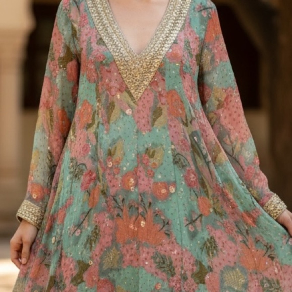 Embellished floral Indian Tunic Dress Boho Kurti Anarkali teal pink metallic